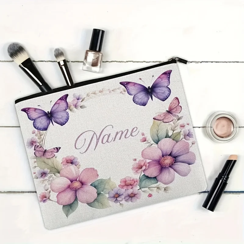 Personalized Purple Butterfly Flower Frame Toiletry Bag a Custom Name Makeup and Storage Pouch Made of Lightweight Polyester