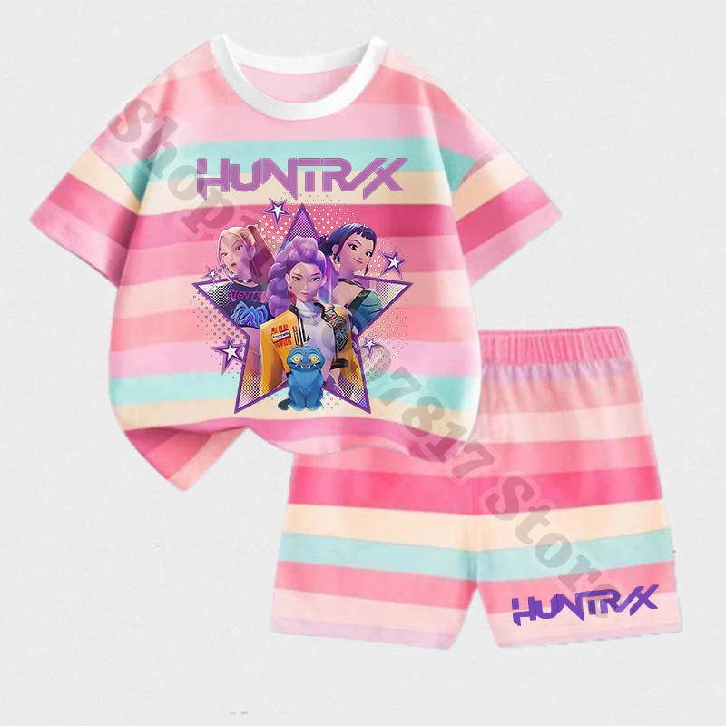 KPop شيطان الصيادين فتاة عادية قميص جذاب مجموعة تي شيرتات قصيرة للأطفال الصيف الاطفال الكرتون ملابس عصرية قصيرة الأكمام تي شيرت السراويل ملابس المنزل #3