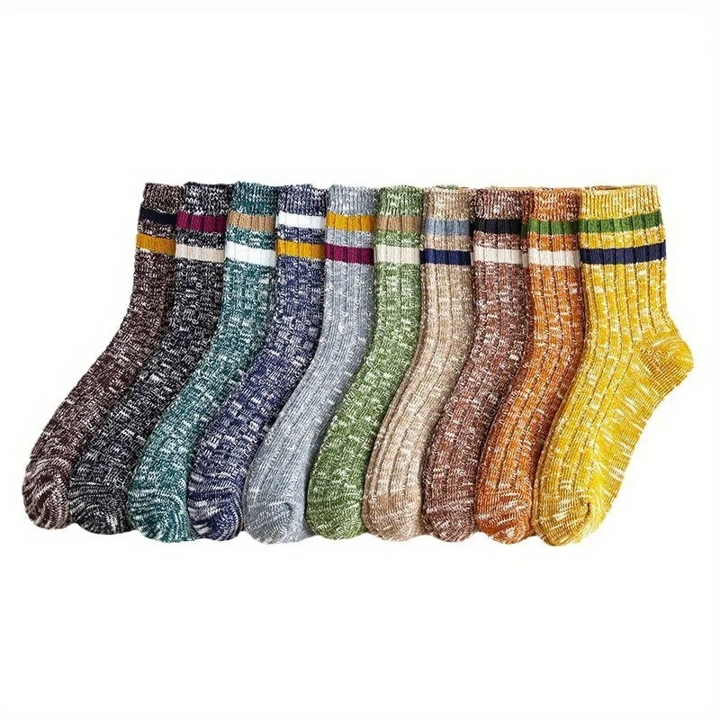 10 pairs of solid color retro national wind tube casual double needle thick line mens socks