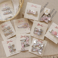 Korean Children Leather Silver Hair Clips Girl Baby Pearl Diamond Bow Parent-child Headband Hair Accessory Princess Kids Hairpin