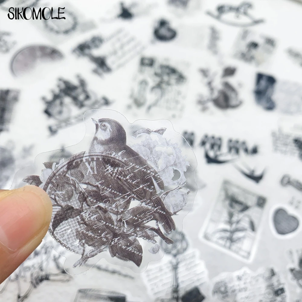 58 個ヴィンテージスタンプクリップアートステッカー PET 透明デカールおもちゃ文具ギター電話自転車ラップトップ荷物落書きステッカー