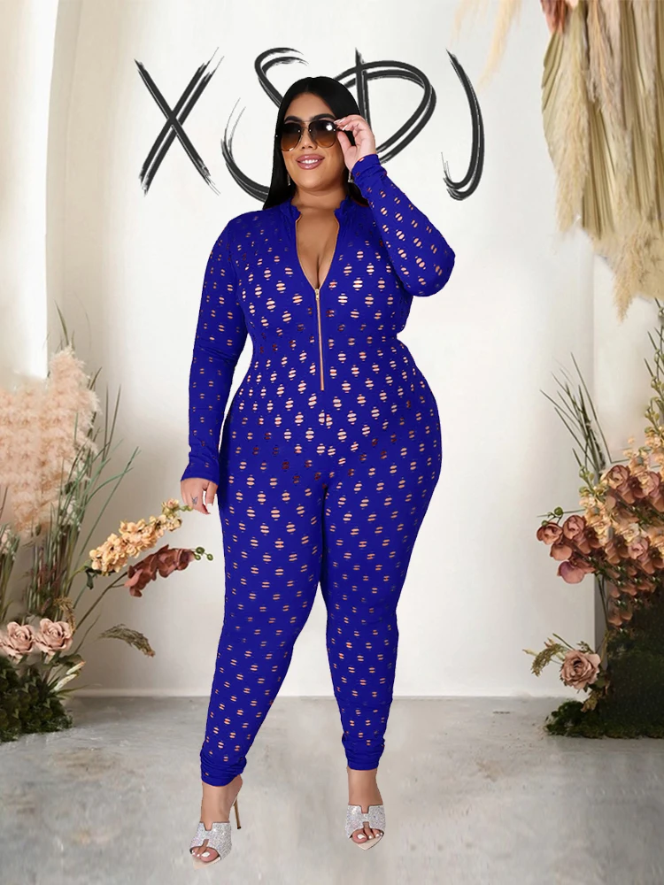 Spring Clothes Lady Elegant Womens Jumpsuit Skinny Long Sleeve Front Zip Jumpsuit Sexy Hollow Out One Piece Plus Size Jumpsuit