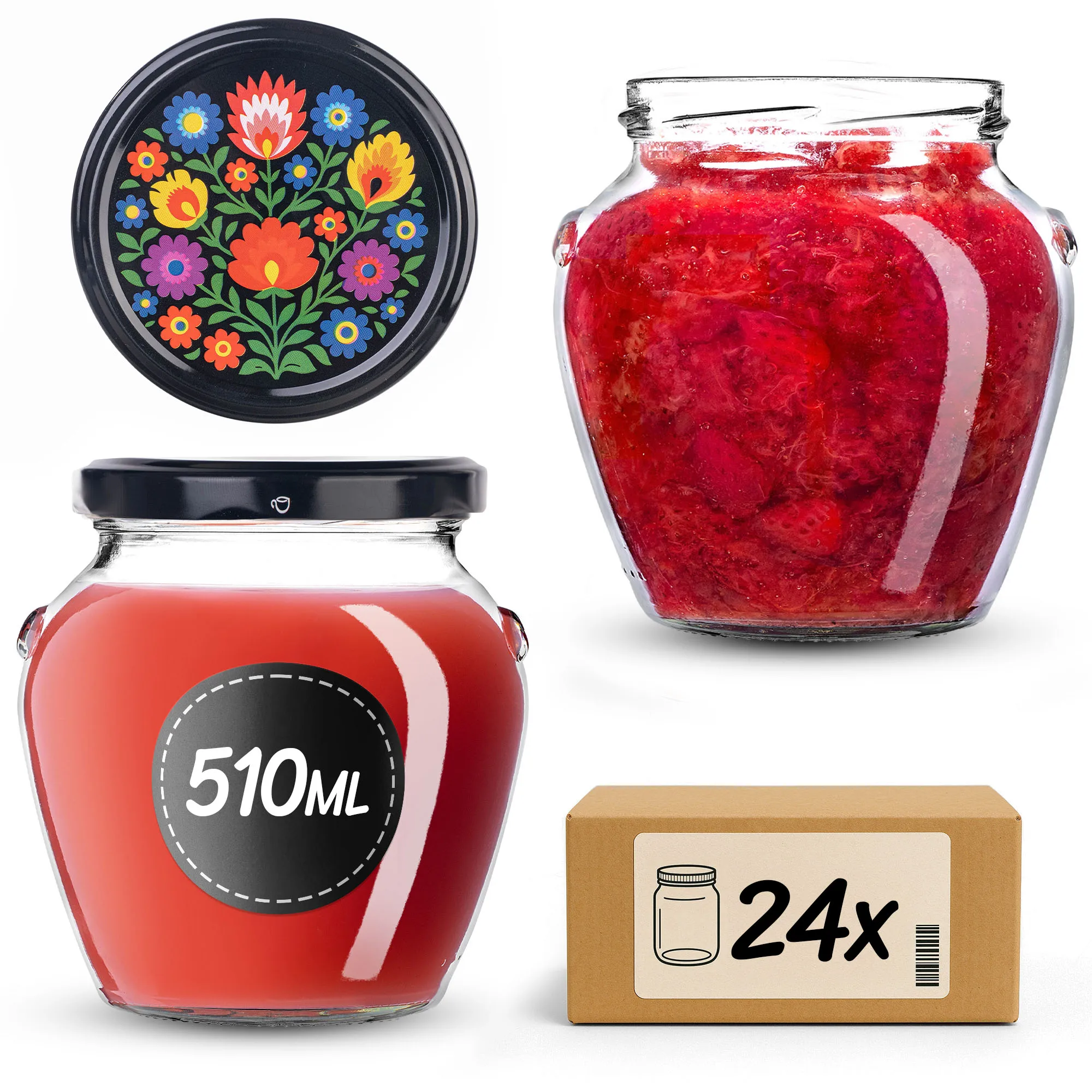 KADAX potten voor conserven, honing, fruit, jam, zwarte folklore 510ml 82 mm 24 stuks