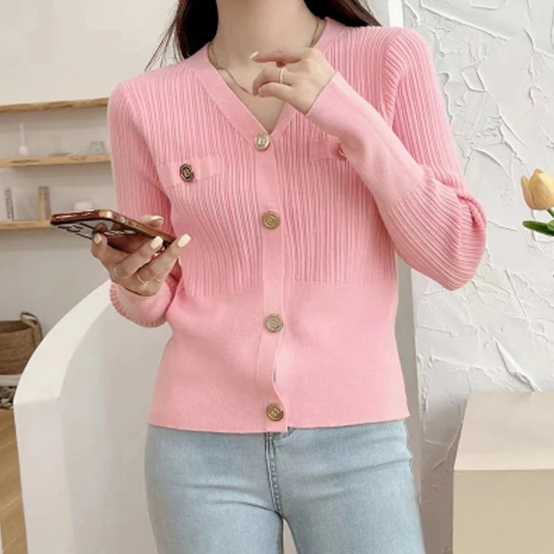 V Neck Fashion Cardigan Women Sweater New Elegant Long Sleeve Buttons Knitted Tops Lady Cardigans Slim Fit Casual Autumn Clothes