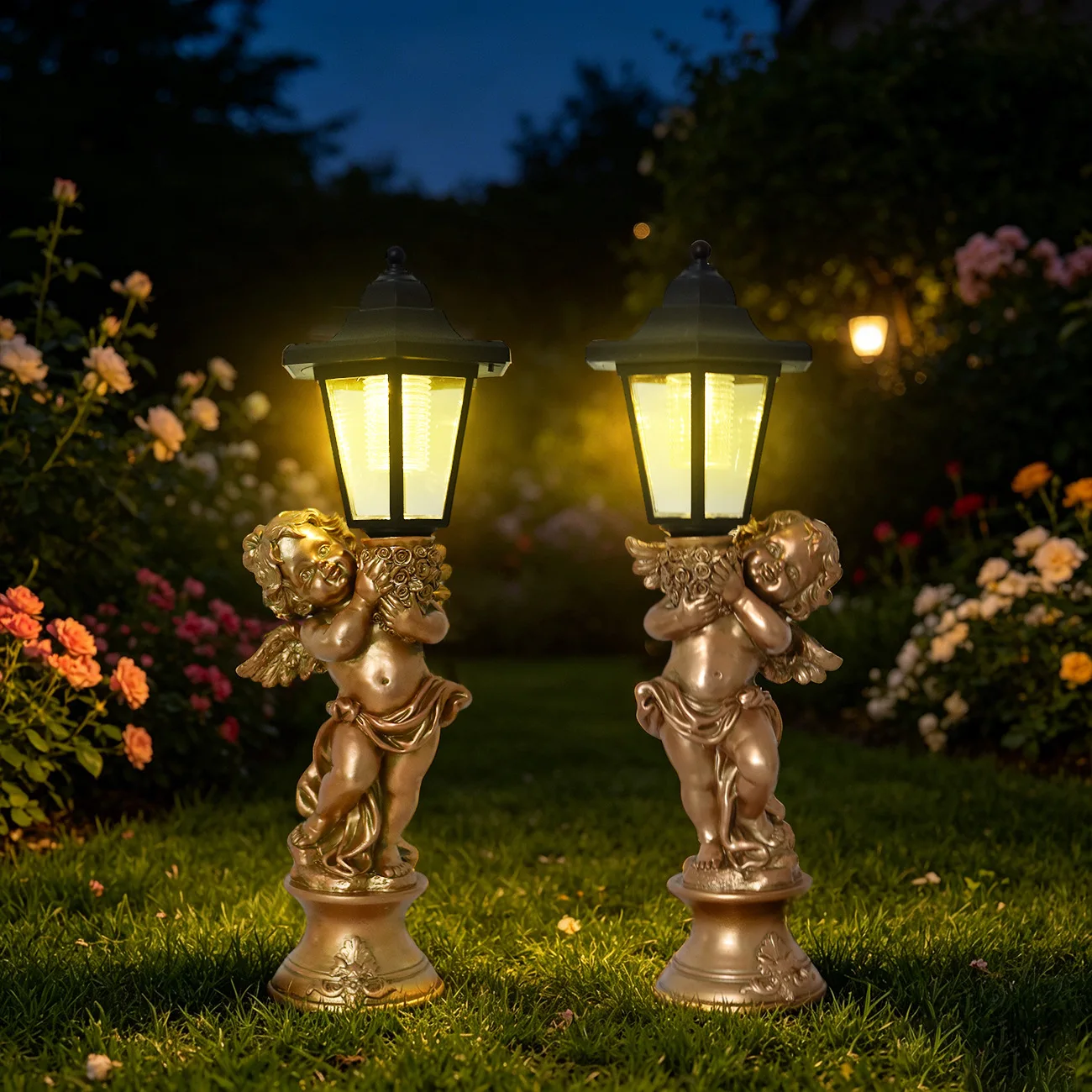 Angel Statue Solar Light Resin, Vintage Cherub Figurine with Warm LED Lamp, Outdoor Garden Patio Yard Lawn Decor Gift