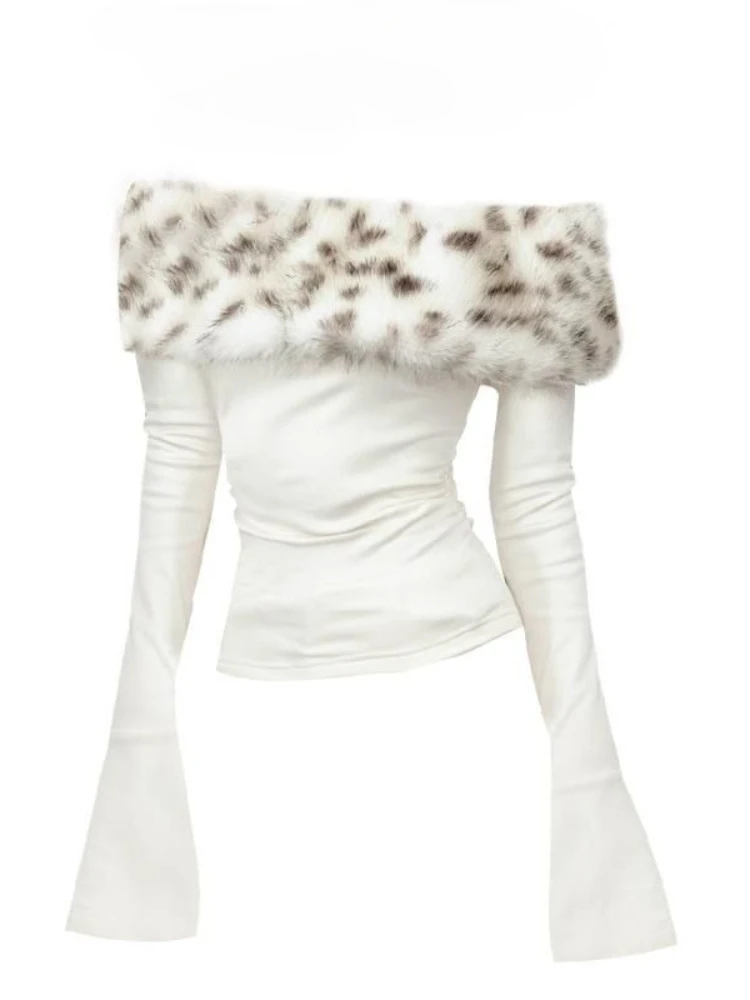 Vintage Casual Blouse Faux Fur Pure White Color Elegant Flare Sleeve Slim Short Classic Style Off-the-shoulder Hot Tops Autumn