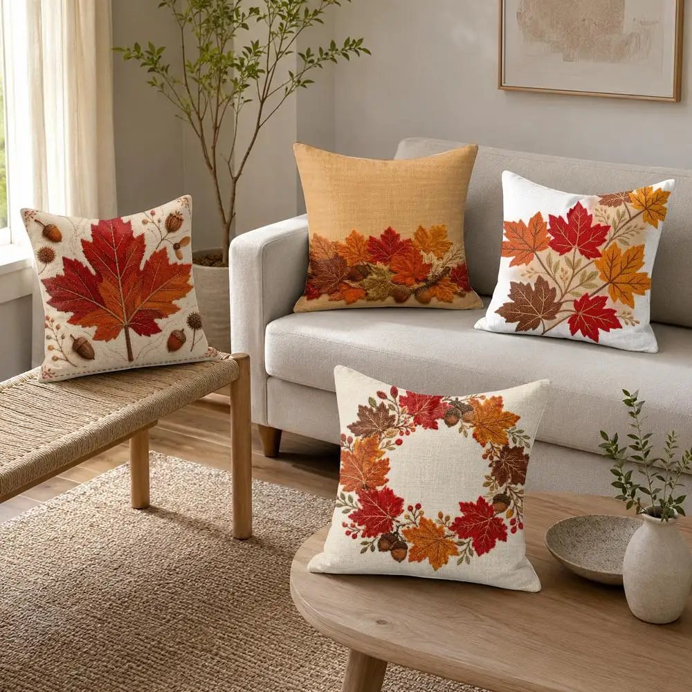 Autumn Maple Leaf Cushion Cover Organic Linen Throw Pillow Cover - Double-Sided Print Breathable Cushion Case Home Decor