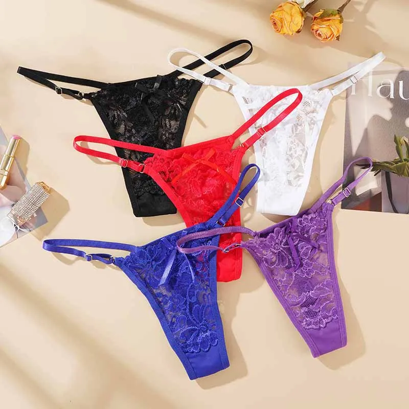  Lace Adjustable Thongs for Women Low Rise Hollow Out Briefs Female Breathable Underpants Perspective  Lingerie
