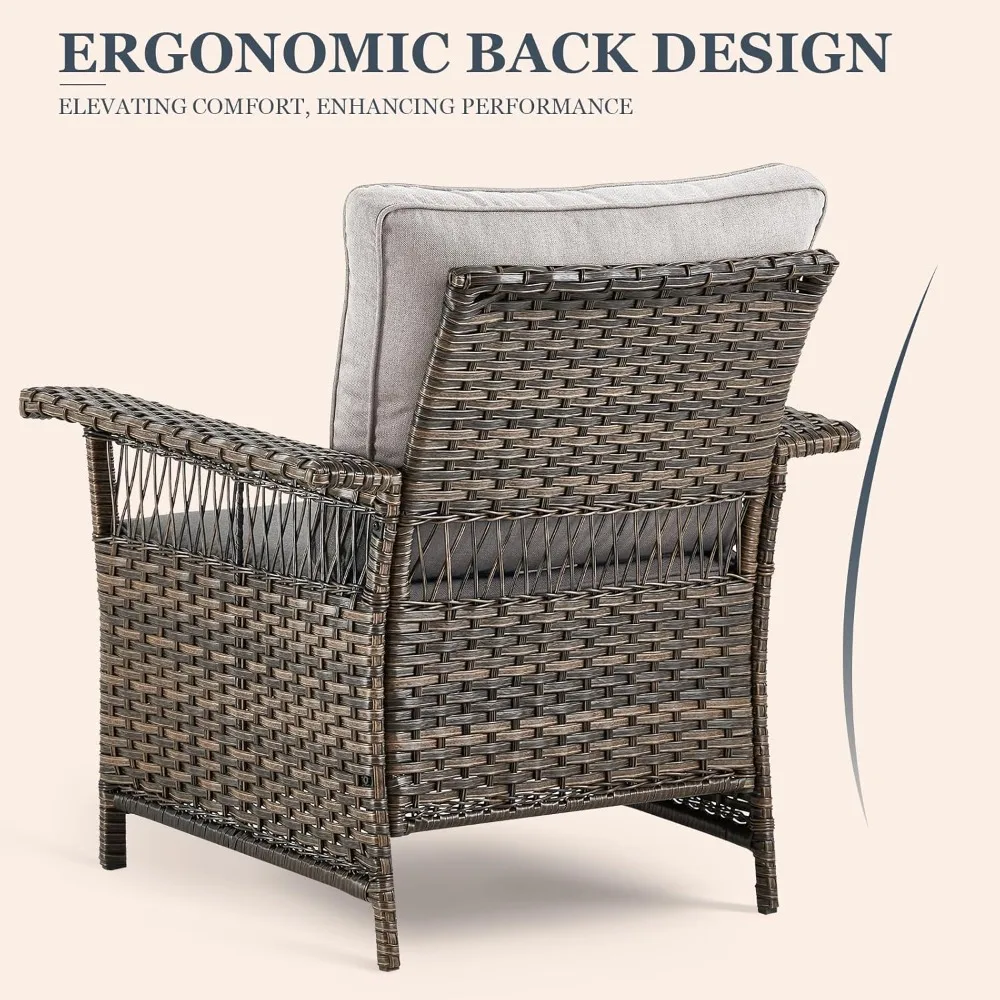 طقم أثاث الفناء مع كرسيين للتراس من الروطان ومجموعة طاولة بحافة من الروطان PE، شرفة وسادة من الروطان البني والبيج