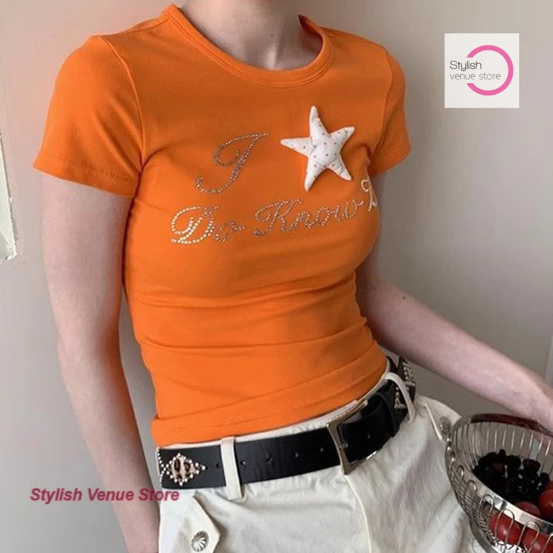 

American solid color three-dimensional star letter rhinestone short-sleeved T-shirt female summer new fashion casual slim top.