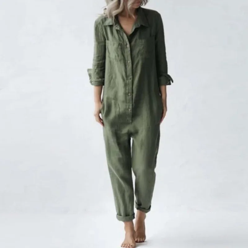 Jumpsuit Vintage katun Linen wanita desain kancing sebaris kerah lipat lengan panjang baju monyet kantong Solid