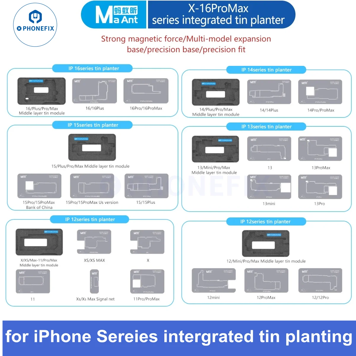 

MaAnt M072 19-in-1 Middle Layer Board Plant Tin Station 0.12mm Stencil Template Magnetic Fixture for iPhone X -16Pro max Repair