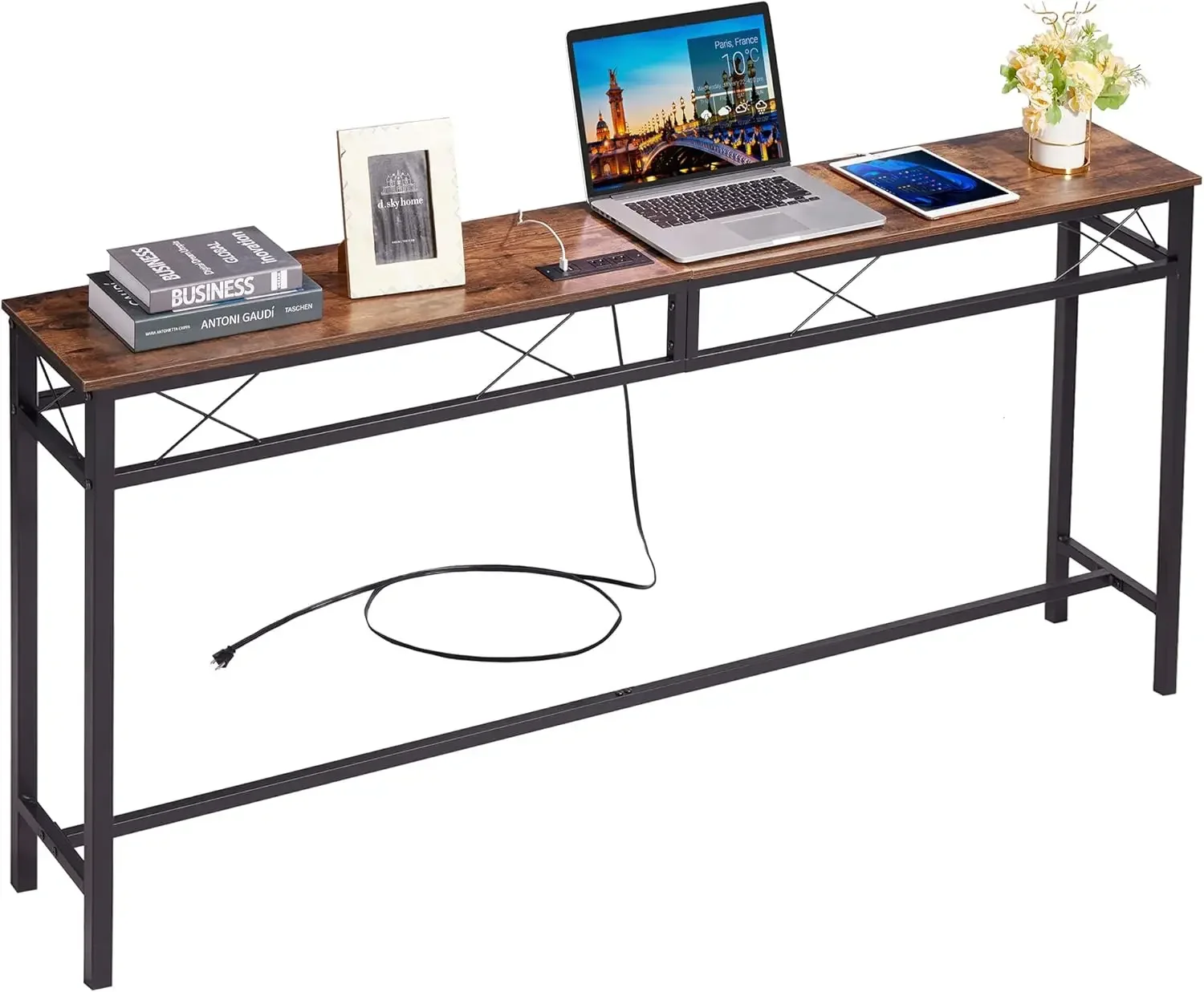 

55In Extra Long Narrow Sofa/Console Table with Charging Station & Power Outlet and USB Ports, for Entryway, Living Room, Office
