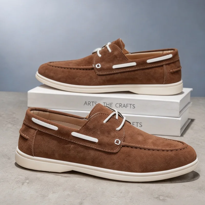 Men Boat Shoes Genuine Leather Cow Suede Quick-dry Leather Lace-Up Driving Retro Fashion Casual Flats Classic 2026 New Design