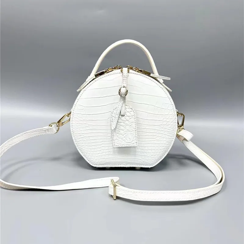 

Authentic Real Crocodile Skin Female White Round Bag Women Small Purse Handbag Genuine Alligator Leather Lady Cross Shoulder Bag