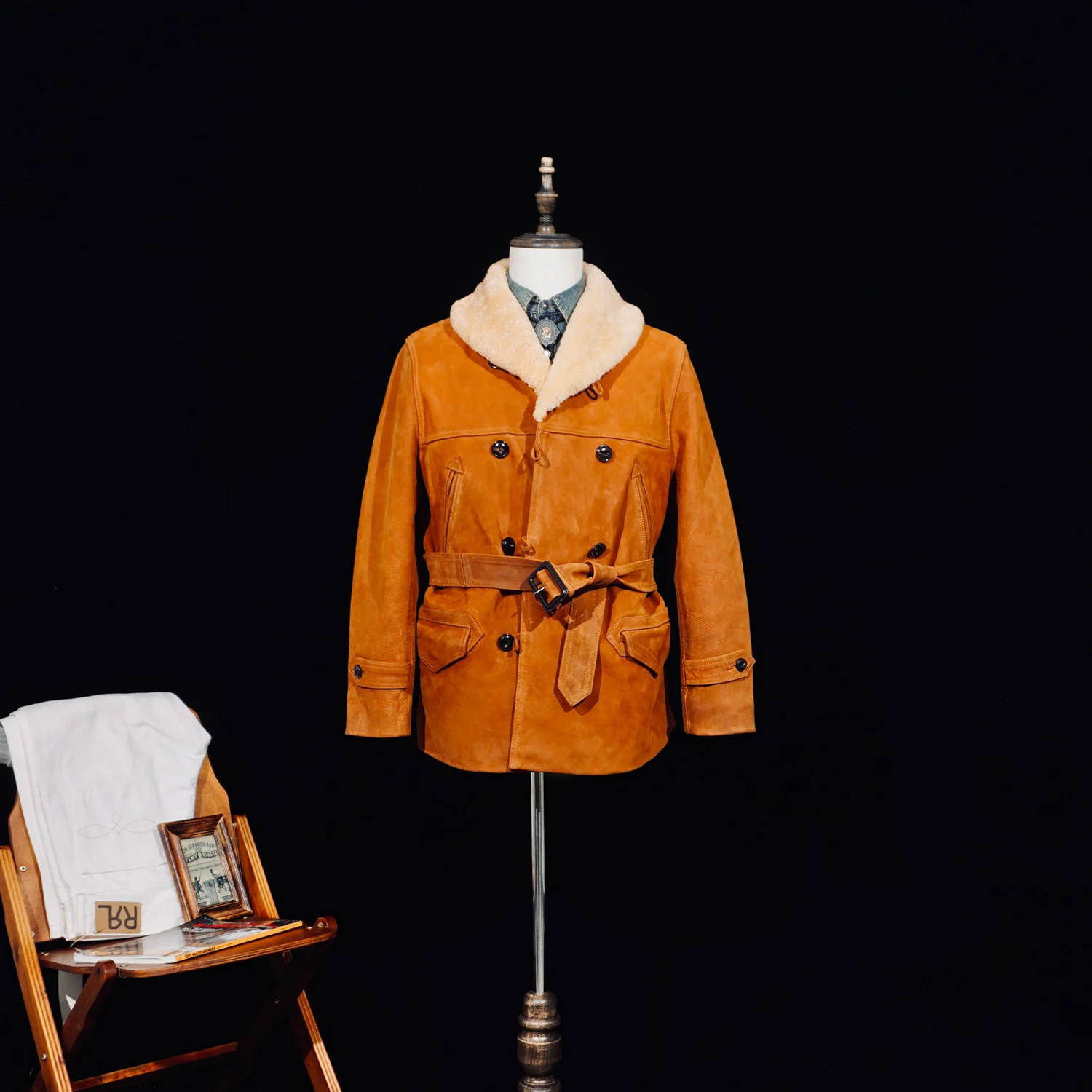 

Tailor Brando American Vintage RL Farmer Мужская двубортная куртка из натуральной кожи с матовой отделкой, окрашенная в воде