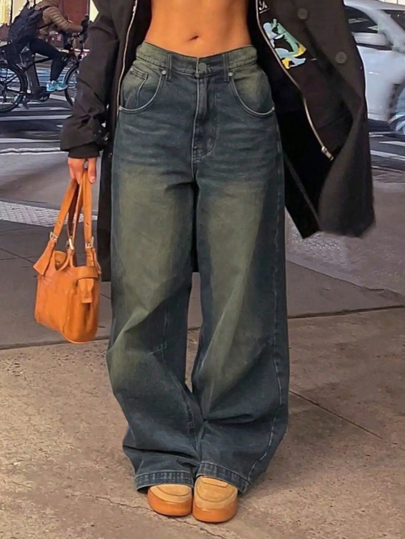 

Женские джинсы с высокой талией, свободного кроя, широкие, с эффектом потертости, синие, повседневные, в уличном стиле