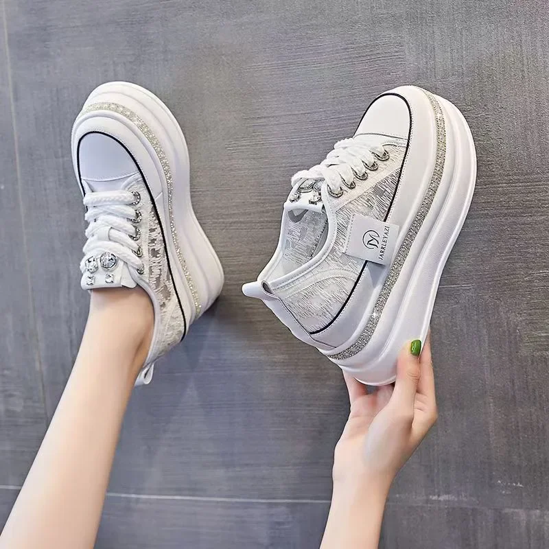 

Летние парусиновые дышащие ботильоны высокого качества 8 см, женская спортивная обувь на танкетке с сеткой, увеличивающая рост, женская обувь 2025