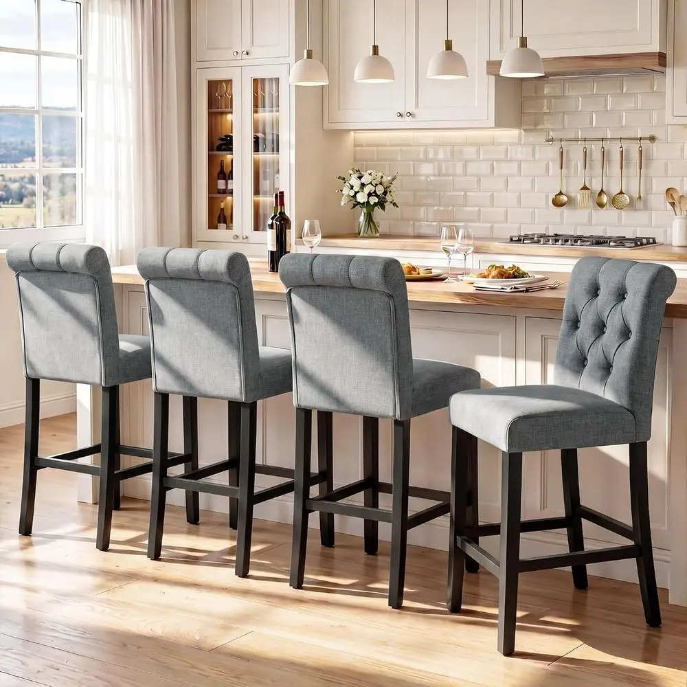 Set of 4, 24 Grey Upholstered Counter Height Bar Stools with Button-Tufted Backrest and Solid Wood Legs