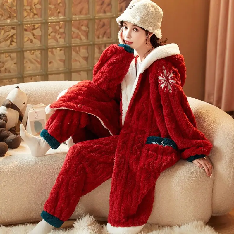 

New Year Red Women's Robe and Pajama Set Winter Hooded Sleepwear Set Solid Color Coral Fleece Homewear Keep Warm Nightwear Set
