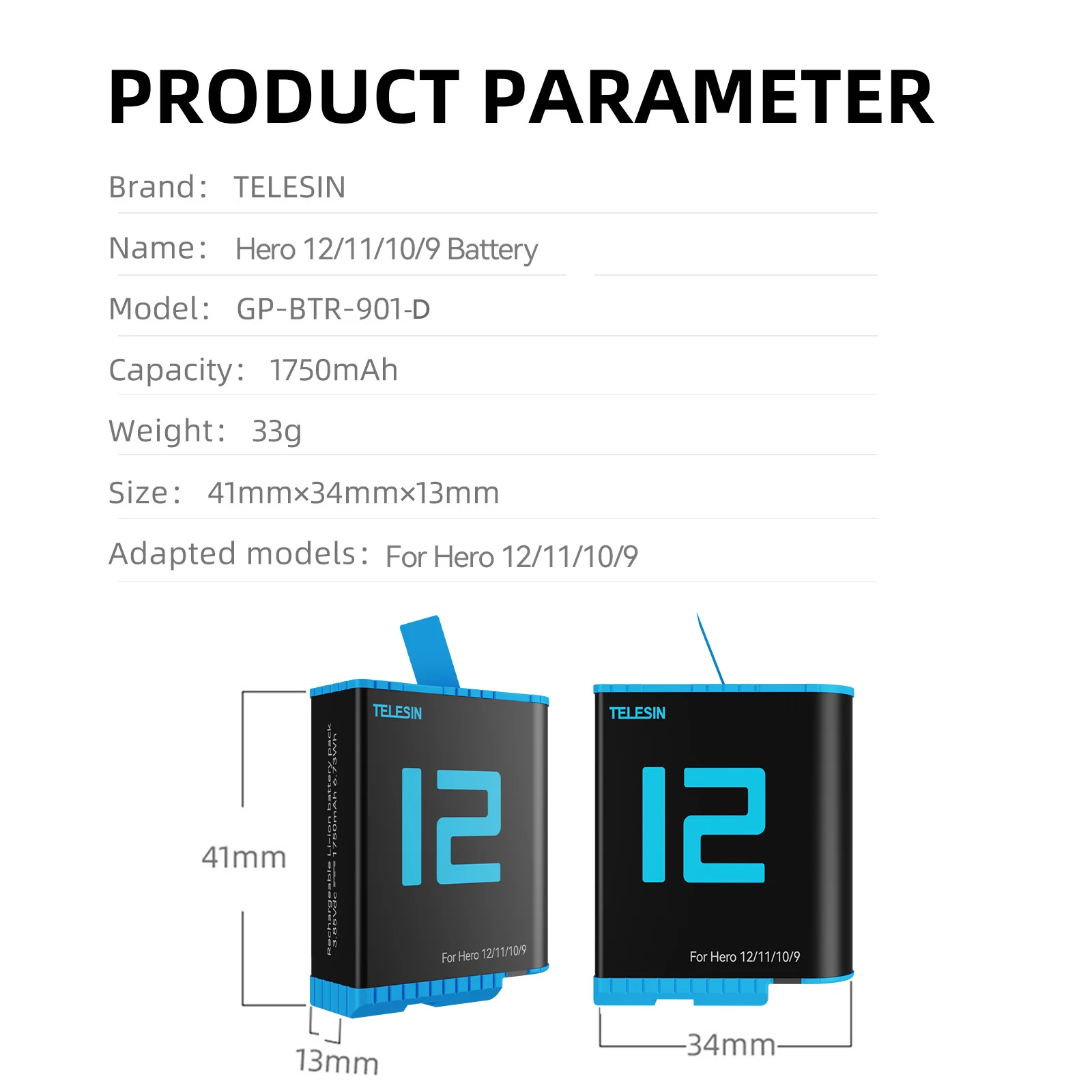 TELESIN 2Pack 1750mAh Battery For GoPro Hero 9 10 11 12 With Battery Box For Go Pro 9 10 11 12 Black Action Camera Accessories