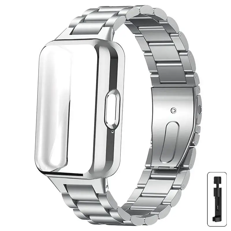 For Samsung Galaxy Fit3 Tri-Beads Stainless Steel Watch Band with TPU Case and Strap Link Remover Set(Silver)