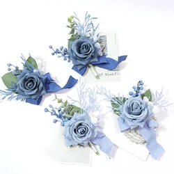 Yannew 6pcs Dusty Blue Wedding Wrist Corsage Boutonniere for Bride Bridesmaid Groom Prom Floral Bracelets Homecoming Wristlets