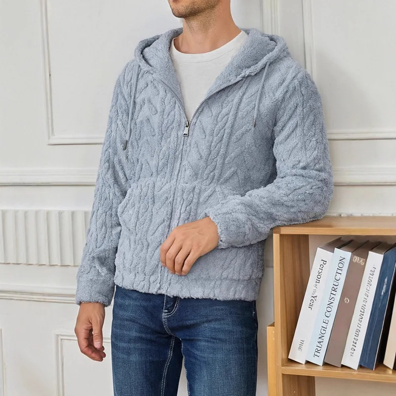 B&C Fleece Hoodie Full Zip with Cable Knit Texture and Pockets Warm Jacket for Men Winter Outdoor Daily