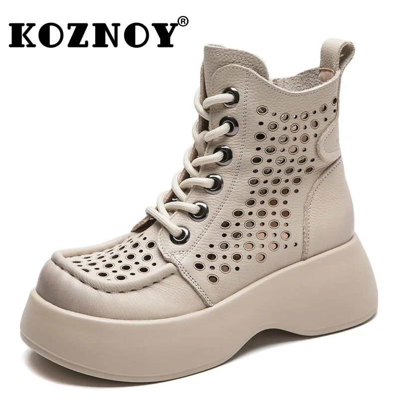 

Koznoy 5cm New Summer Boots Women Moccasins Sandals Ankle Mid Calf Booties Cow Genuine Leather Motorcycle Hollow Designer Shoes