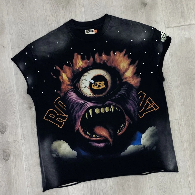 

Американский ретро стираный черный жилет ROUGHPLAY с персонализированным принтом глаз, уличная брендовая одежда, футболки RoughPlay с круглым вырезом