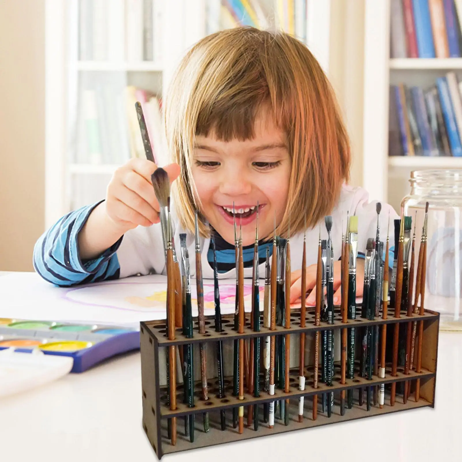 67 Holes Paintbrush Holder Wall Mount Paintbrush Stand Wooden Watercolor Brush Holder Brush Display Desk Organizer