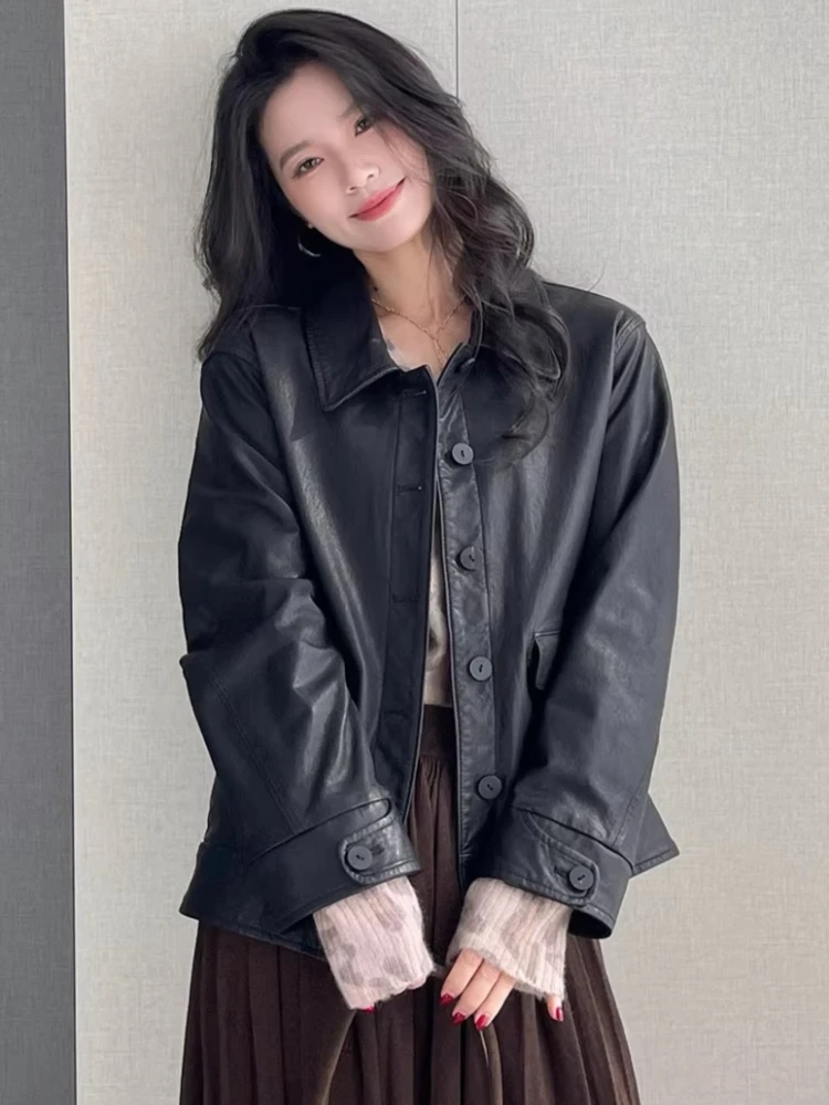 

Vintage Short Genuine Leather Jackets for Women Spring Autumn 2026 New High-end Simple Classic Soft Black Real Sheepskin Coat