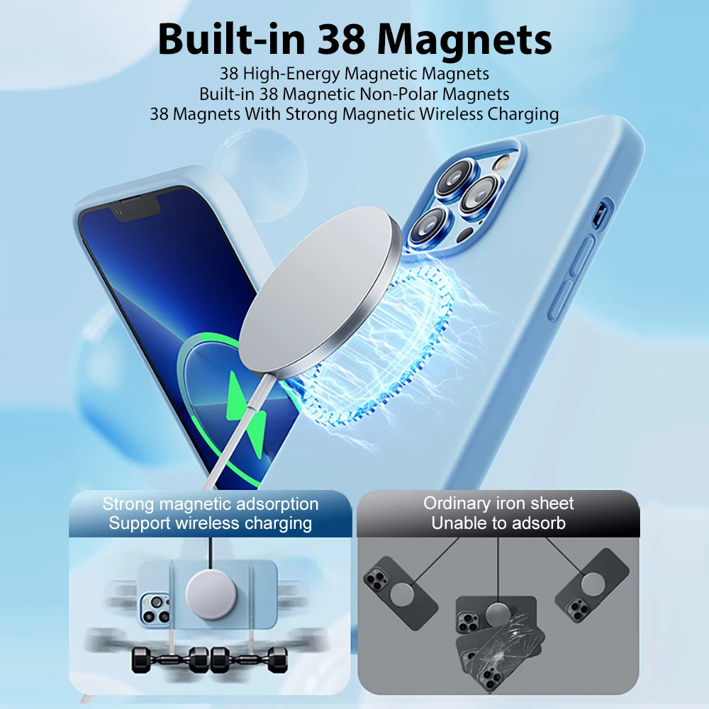 For Magsafe맥세이프 무선 충전 케이스, For iPhone 15, 11, 14, 13, 12 프로 맥스 플러스, 액체 실리콘 마그네틱 소프트 커버, 휴대폰 액세서리