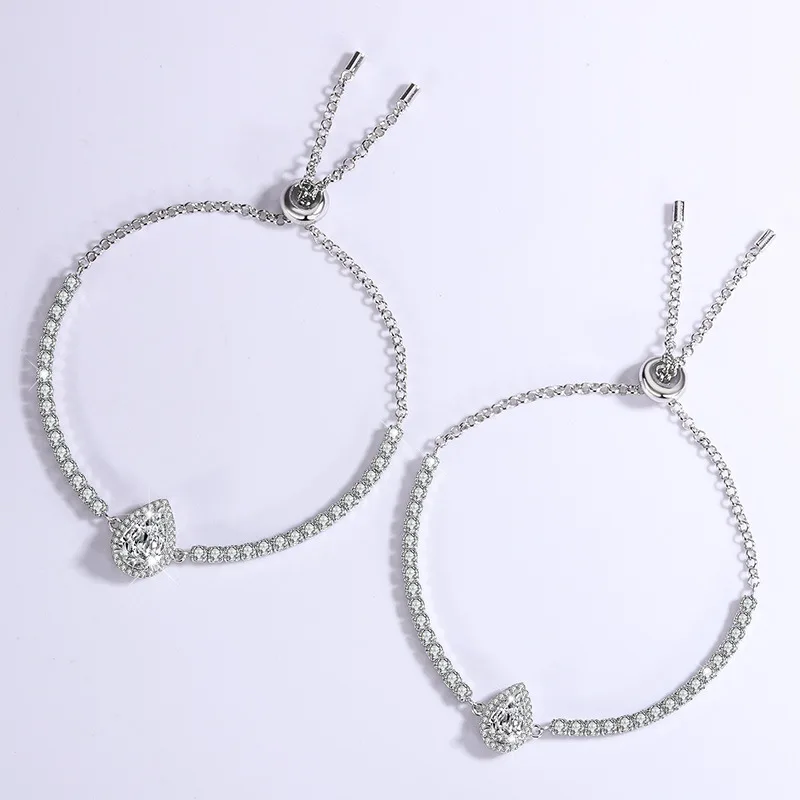 JECIRCON S925 Sterling Silver Moissanite Bracelet 1/2ct Moissanite Pear-Shaped Simple Fashion Push-Pull Adjustment Hand Chain