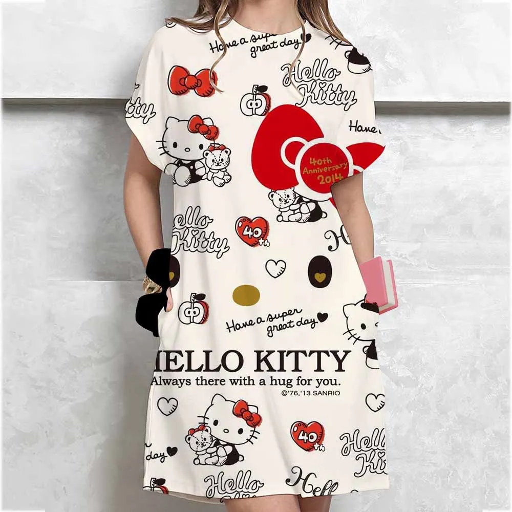 Abito lungo maglietta da donna, moda estiva, ragazza, Hello Kitty, stampa oversize, casual, girocollo, maniche corte, mini abito T-shirt ﻿