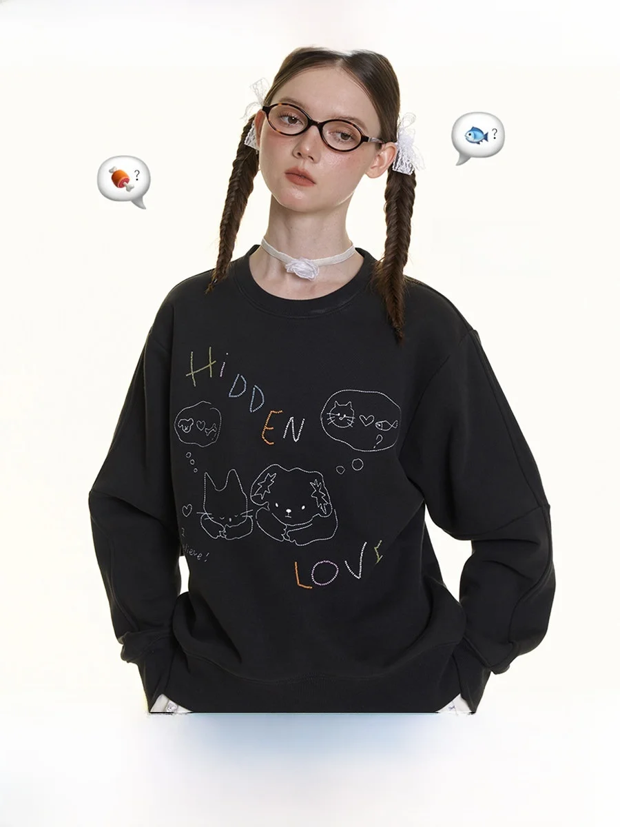 Retro  Dog Embroidered Fleece round Neck Hoodie Women's Loose Fit Long Sleeve Sweatshirt   Bead Filling