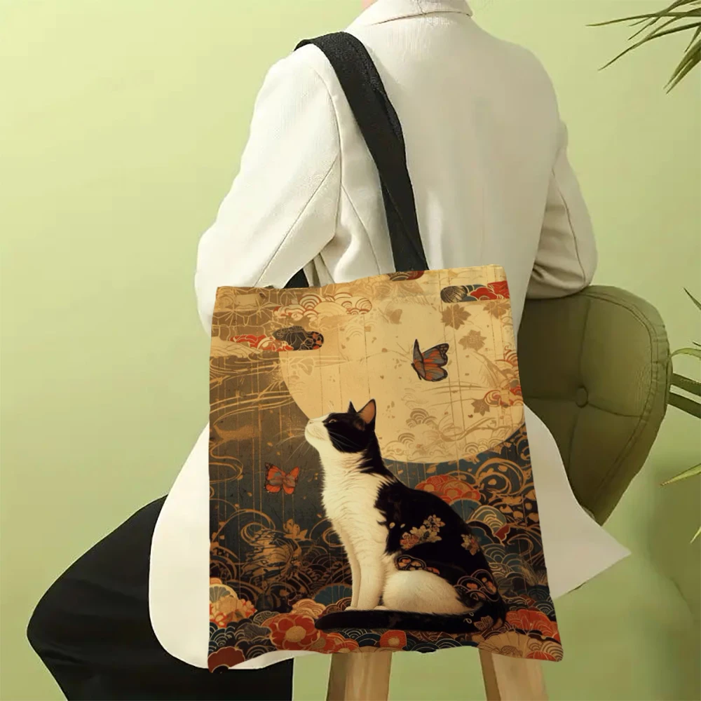 Butterfly Cat Pattern Bag High Definition Digital Printed Canvas Shopping Bag Environmentally Friendly And Portable Linen Bag