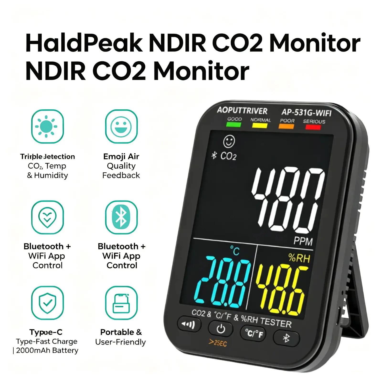 

HoldPeak NDIR CO2 Monitor ±5%+50ppm 10-Year Sensor Bluetooth WiFi APP Export Large VA Screen for Home School Greenhouse