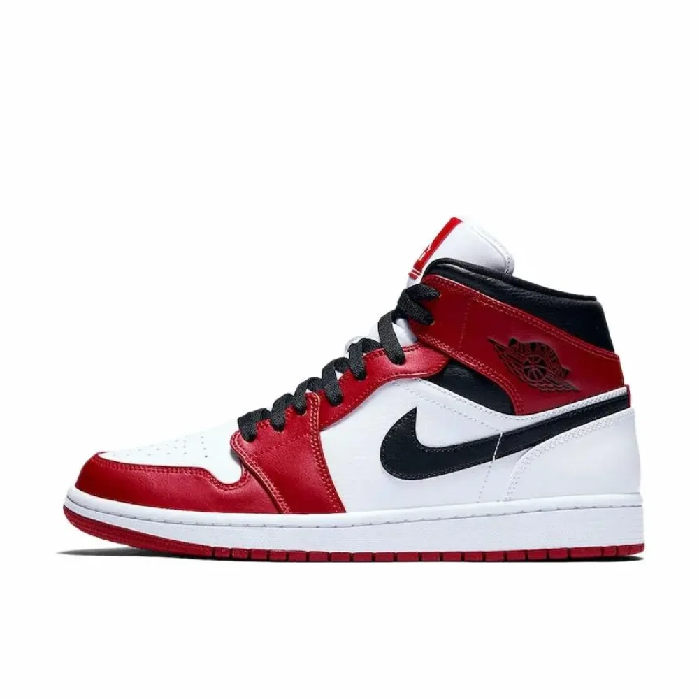 Nike red white colorway Air Jordan 1 MID men's fashion basketball shoes comfortable non-slip wear sports shoes