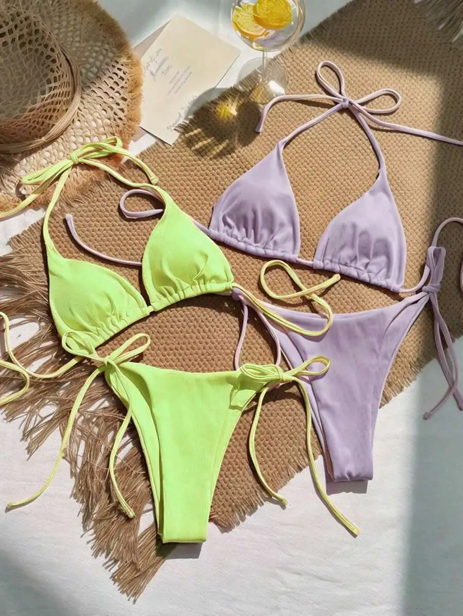 

4pcs Solid Color Halter Triangle Bikini Set For Women Summer Beach Vacation