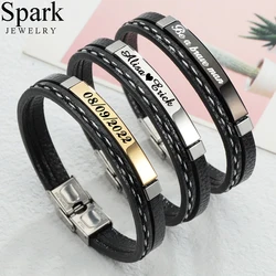 Custom Fashion Engrave Name Leather Bracelets Bangles Stainless Steel Nameplate Men Bracelet Personalized Jewelry Party Gift