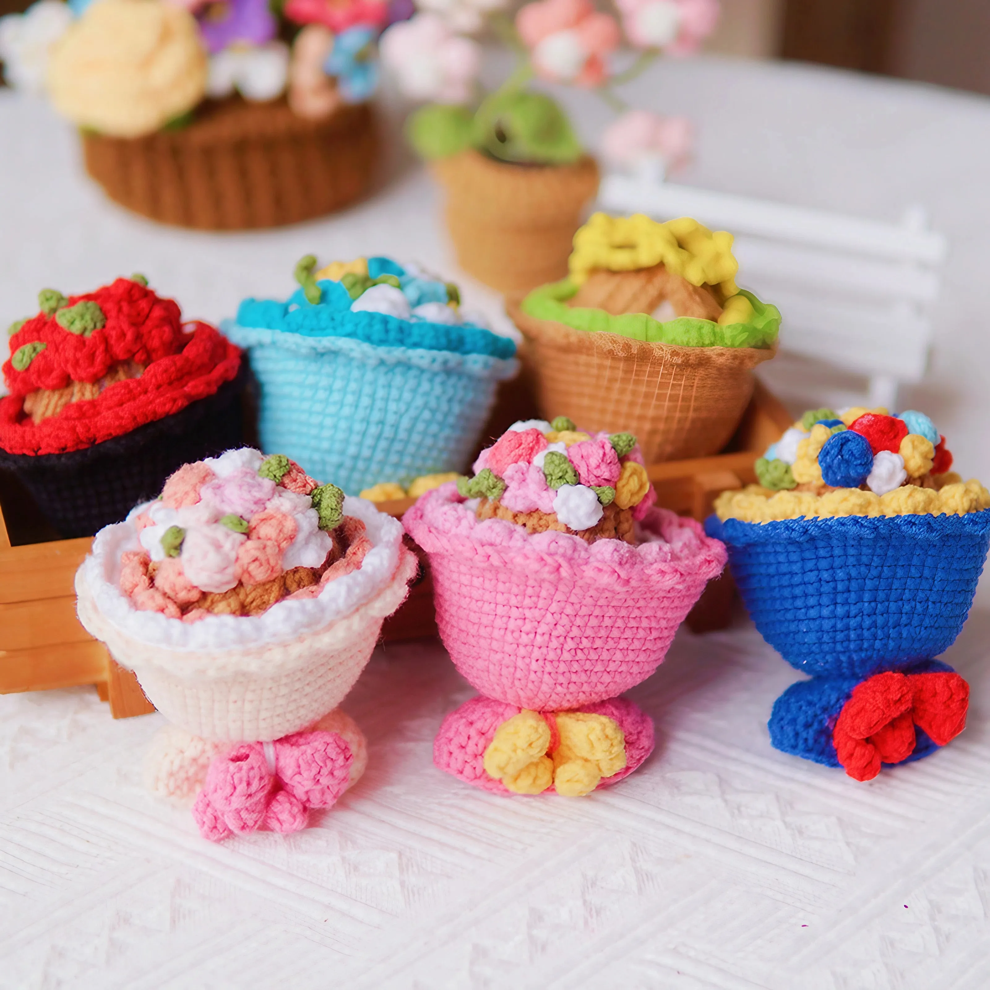 Handmade Crochet Crossdressing Bride Doll Knitted Finished Flower Bouquet Decoration Girls Birthday Gift Knitting Keychain