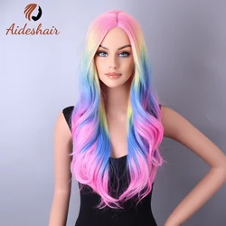 Tęczowa peruka syntetyczna dla kobiety długie włosy typu body wave Cosplay Lolita Party naturalne peruki termoodporne włókno codzienne włosy