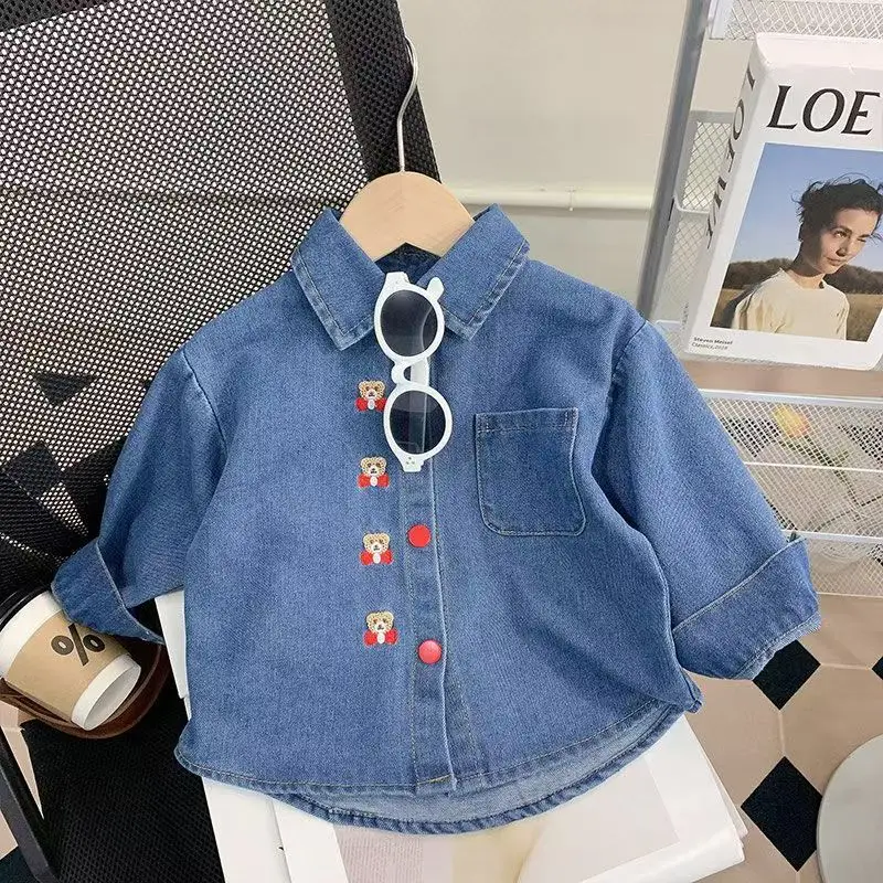 

Girls Senim Shirt Spring and Autumn New Fashion Children's Versatile Denim Shirt Baby Embroidered Teddy Bear Long Sleeved Top