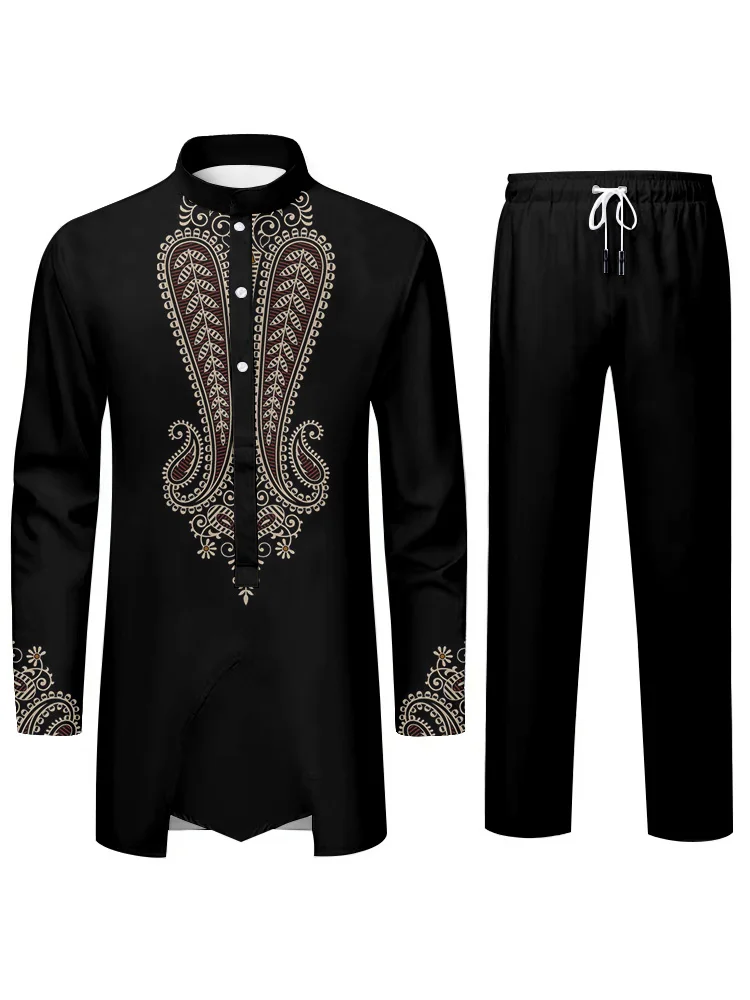 Stylish Casual Mens Suit Stylish Elegant 3D Printed Shirt with Collar Long Sleeve and Trousers Shariah Dress Two Piece Set