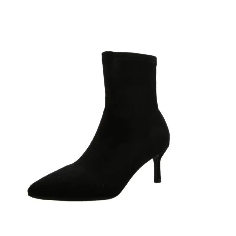 Botas cortas puntiagudas afiladas para mujer en otoño e invierno 2025, zapatos de tacón fino de gamuza, calcetines y botas