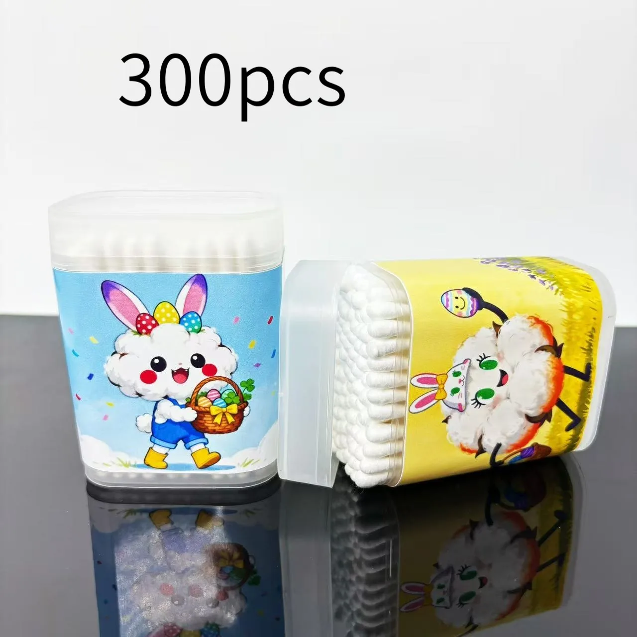 300Pcs Easter-Themed Double-Ended White Cotton Swabs Creative Round Spoon Easter Element Cotton Swabs