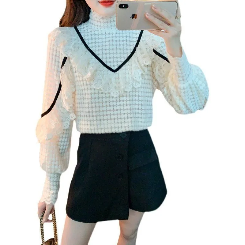 Fleece Lined High Neck Ruffle Blouse Women Autumn Winter Bell Sleeve Lace Elegant Warm Top S-6XL view 5