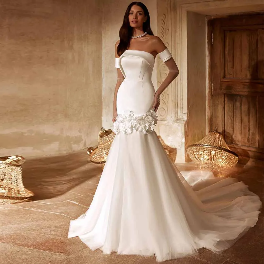 Vestidos de mujer para invitados de boda a la moda, vestidos de fiesta de boda de sirena de satén, guantes sin tirantes de color marfil, vestido de novia largo de tul con apliques