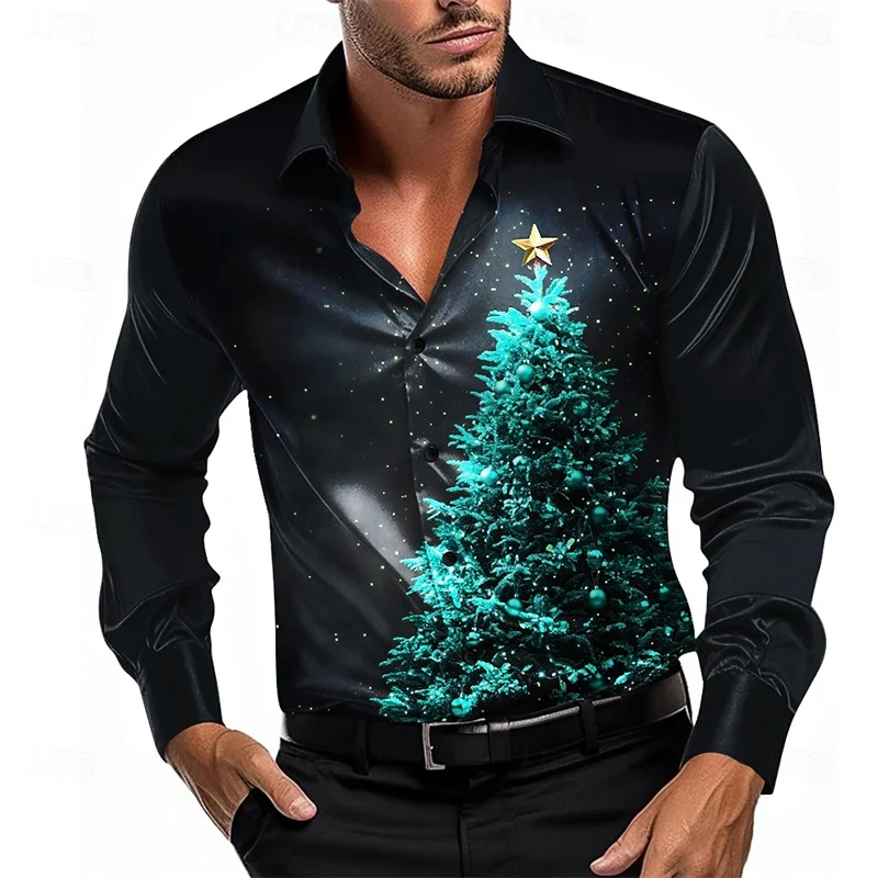 2024 Designed Christmas Tree Print men\'s Shirts Casual Fashion Button Up Collar Long Sleeve Shirt Street Loose Harajuku Men Tops